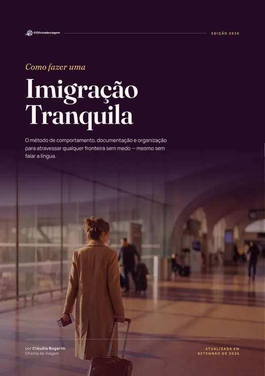 Capa do e-book Método 90 Segundos – Imigração Tranquila: viajante com passaporte e mala no saguão do aeroporto